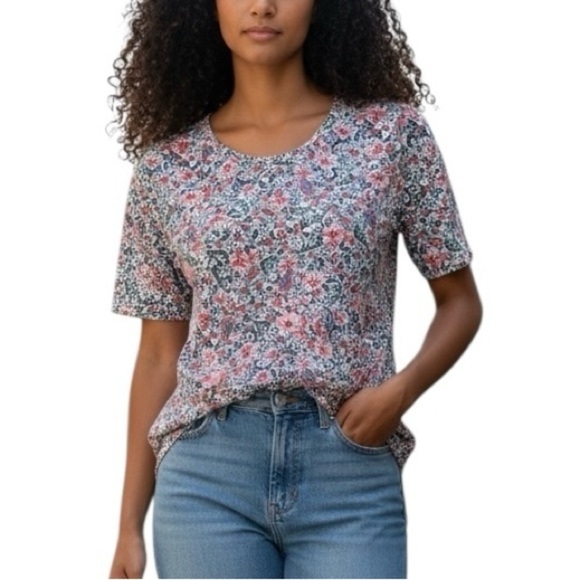 J. Jill Tops - J. Jill Floral V-Neck Slub Pima Cotton Elbow Sleeve Tee 100%  Pima Cotton S